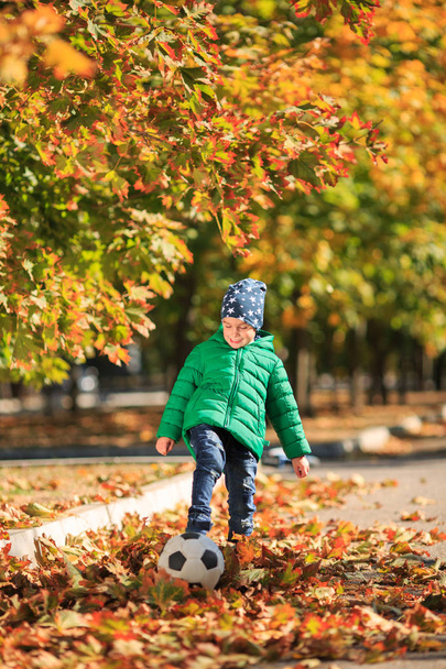 A boy plays in the autumn on the street - Foto, Imagem
