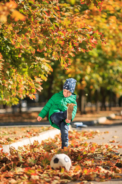 A boy plays in the autumn on the street - Фото, зображення