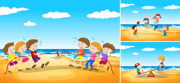 Enfants jouant à des jeux sur la plage
 - Vecteur, image