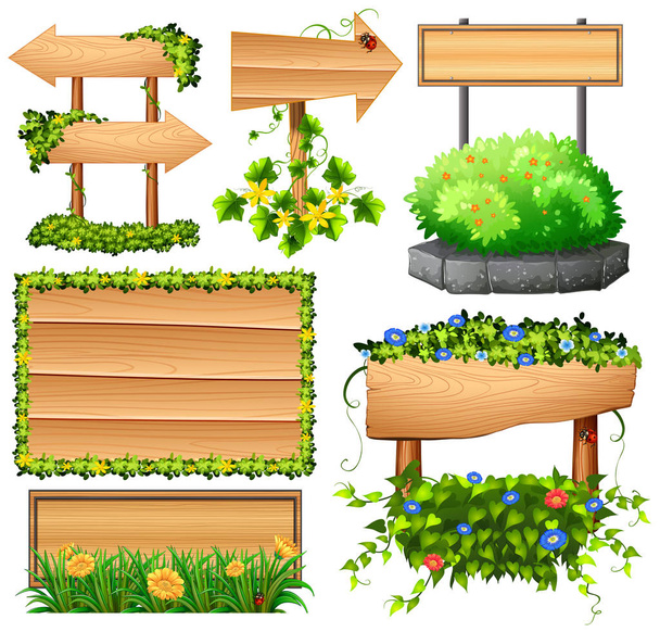 Carteles de madera con flores de colores
 - Vector, Imagen