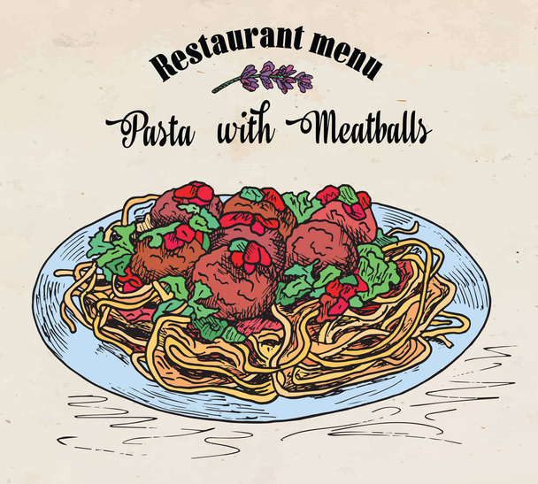 kaunis käsi piirustus pastaa lihapullia tomaattikastikkeella. Ravintolan menu
 - Vektori, kuva