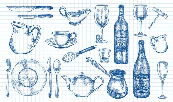 Set de utensilios de cocina. Hermosa vajilla y utensilios de cocina ilustración
 - Vector, imagen