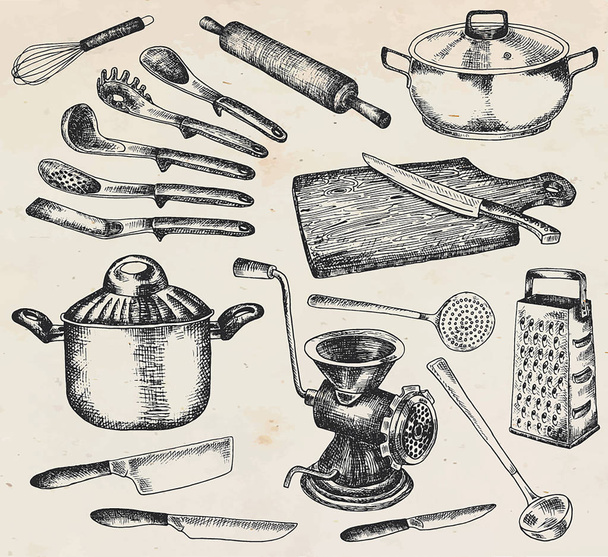Кухонные принадлежности. Красивая иллюстрация посуды и кухонной утвари
 - Вектор,изображение