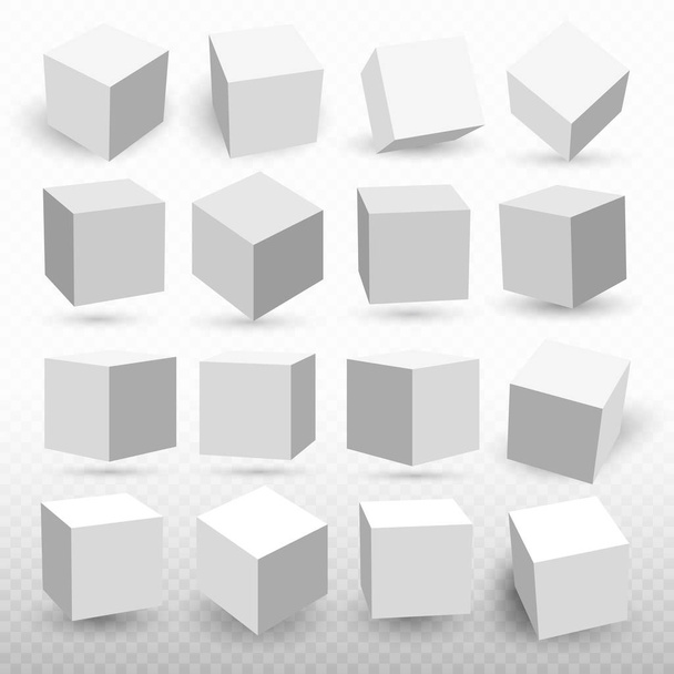 Egy sor kocka ikon a perspektíva 3d kocka modell egy árnyék. Vektoros illusztráció. Elszigetelt átlátszó háttér - Vektor, kép