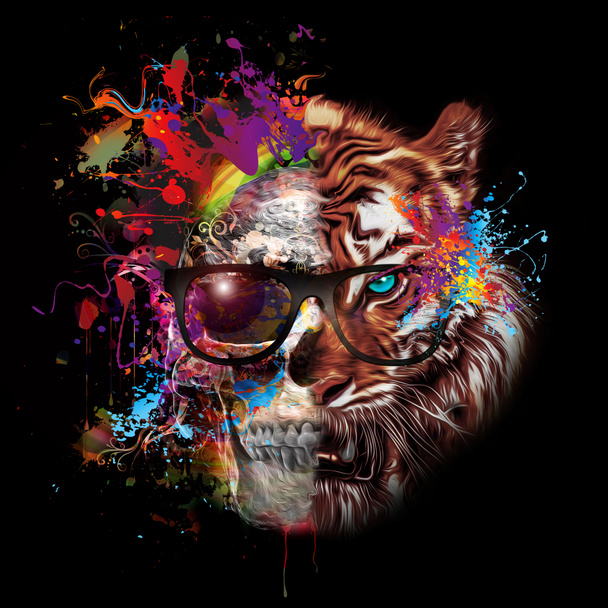 Calavera y tigre en gafas sobre fondo de color
 - Foto, Imagen