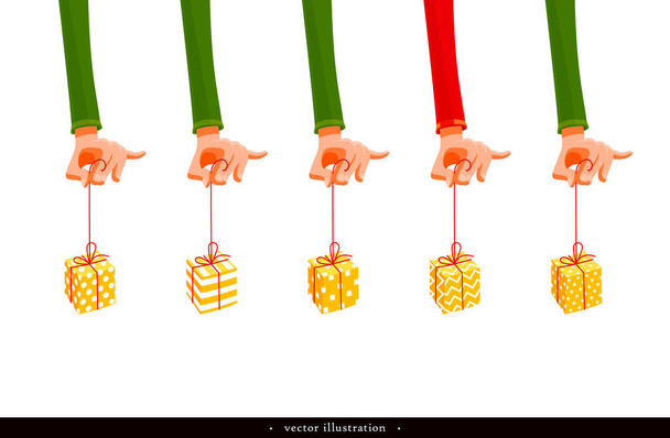 Hände von Weihnachtselfen oder Clowns mit Geschenken. eine Reihe kreativer Elemente für ein festliches Design. Vektorillustration - Vektor, Bild