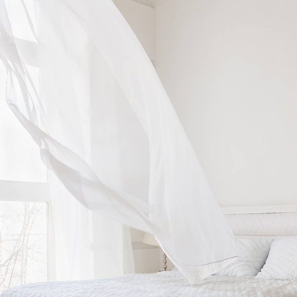 White curtain in bedroom - Fotoğraf, Görsel