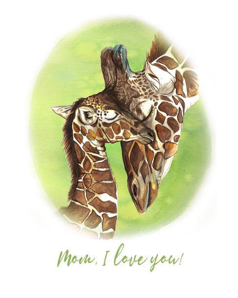 Aquarel patroon dierlijke zoogdieren die leven in Afrika giraffen, moeder en kind, vrouwelijke giraffe en welp, portret van giraffen, zorg en liefde, moederinstinct, cute cartoon afbeelding, thema van Mother's Day vakantie, met de inscrip - Foto, afbeelding