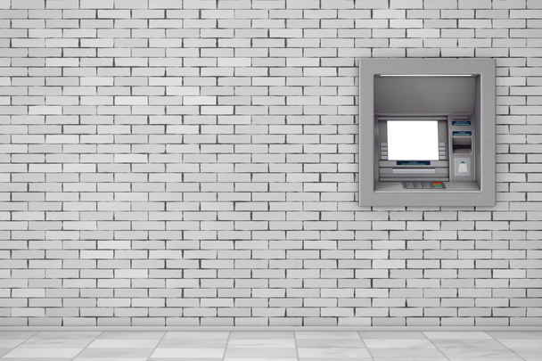 Banka para çekme Atm makine içinde oluşturun. 3D render - Fotoğraf, Görsel