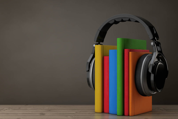 Audio kniha koncept. Černá Bezdrátová sluchátka s knihami. 3D Ren - Fotografie, Obrázek