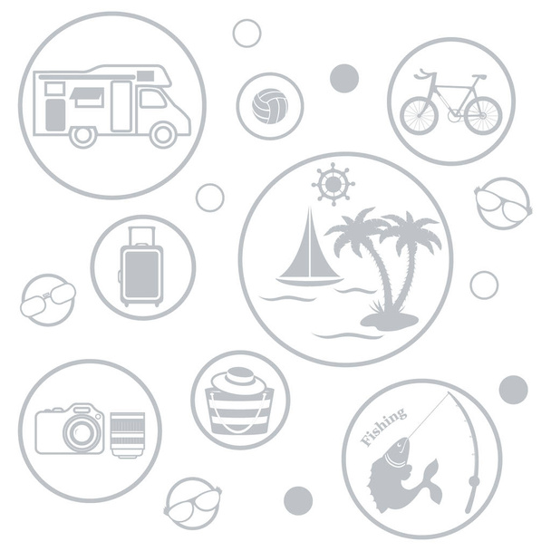 Set van gestileerde pictogrammen van reiziger uitrustingen en accessoires bij r - Vector, afbeelding