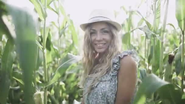 gyönyörű lány kalapban fut, és mosolyogva kukorica mező lassítva - Felvétel, videó