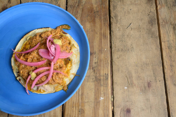 Cochinita pibili taco, pork meat cooked with pibil sauce that includes achiote and orange juice - Photo, Image
