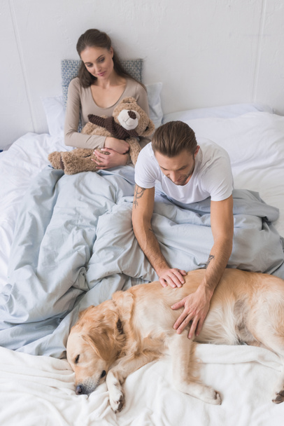 Couple in bed petting dog  - Foto, afbeelding