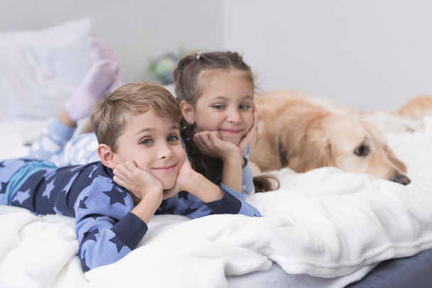 kids on bed with dog - Фото, зображення