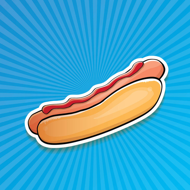 vector cartoon american hotdog sticker on blue background. Vintage hot dog poster or icon design element collection. - Vector, Image