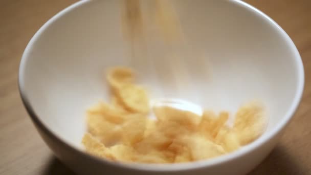 Nalewanie mleka w misce z płatki kukurydziane - Materiał filmowy, wideo