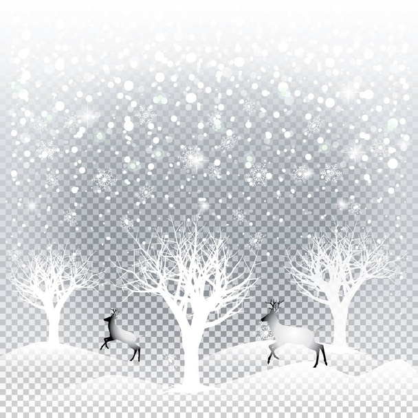 Winter snowy landscape, fantasy forest, trees, Christmas raindeers. Realistic falling snowflakes transparent effect holiday background. Christmas Snowfall, snow cap, snow mountain. Wild forest Vector illustration. Winter seasonal background wallpaper - Vektör, Görsel