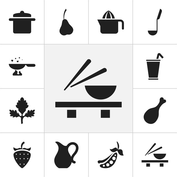 Set Of 12 Editable Meal Icons. Includes Symbols Such As Asian Cusine, Herb, Peas And More. Can Be Used For Web, Mobile, UI And Infographic Design. - Vector, Image