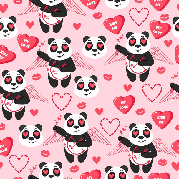 Panda cupid. Vector background with chinese animals, hearts and kisses. Holiday seamless pattern. Happy Valentine's Day.  - Vector, imagen