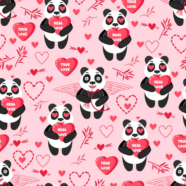 Nyilak, szívek, szerelem, panda és bambusz rózsaszín háttér. Varrat nélküli mintát holiday design elemekkel. Boldog Valentin napot. Szép állat.  - Vektor, kép