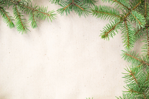 fir branches border on light rustic background, good for christmas backdrop - Foto, Imagem