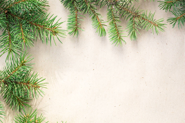 fir branches border on light rustic background, good for christmas backdrop - Foto, Imagem