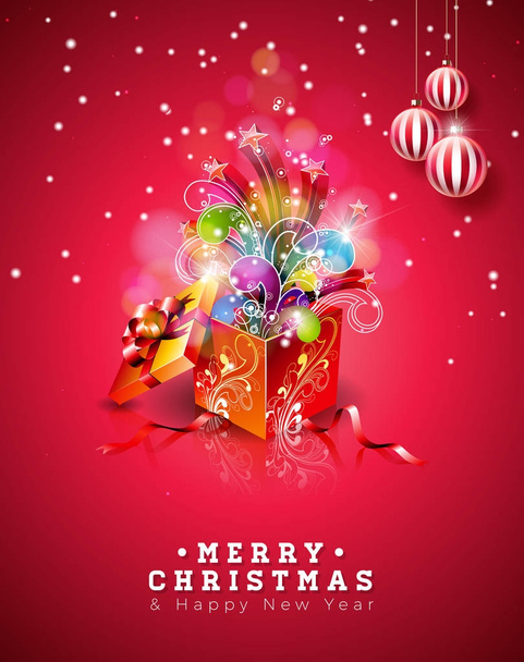 Vector Merry Christmas Illustration on Shiny Red Background with Typography and Holiday Gift Box and ornamental balls. Happy New Year Design. - Vector, Image