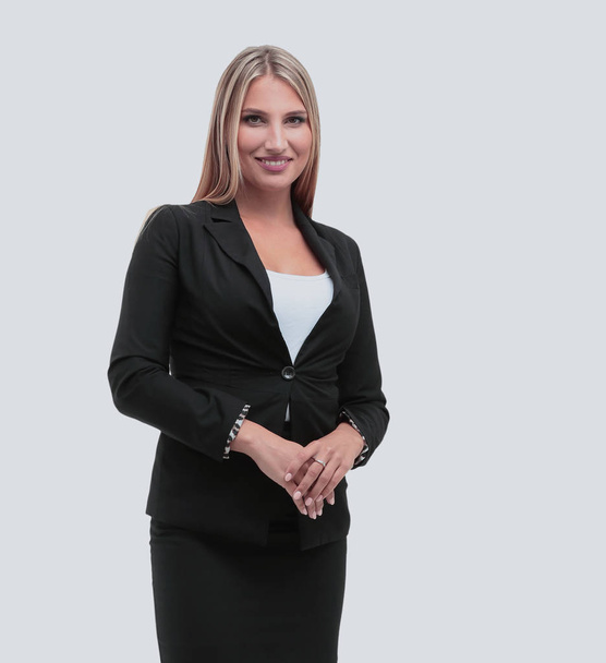 Portrait of young happy smiling businesswoman in suit isolated a - Photo, Image