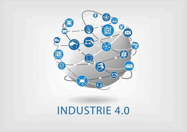 Industrie 4.0 Text auf weiem Hintergrund als Vektor Illustration mit Symbolen von vernetzen Objekten auf einer Weltkugel. - Вектор,изображение