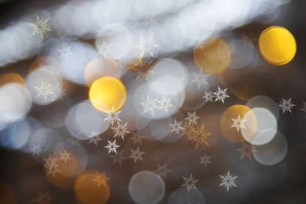 Blurry Golden Lights Background, Christmas Texture With Snowflakes - Foto, imagen