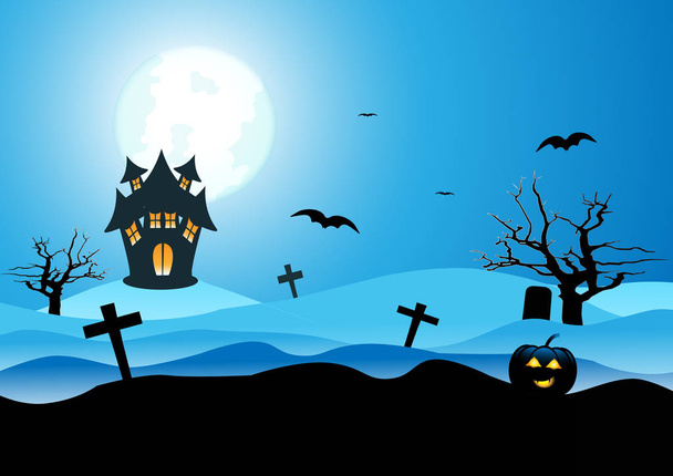 Halloween background. The silhouette landscape of pumpkin, dead tree and scary house with full Moon, illustration - Vecteur, image
