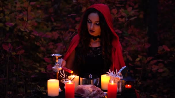Vonzó gyönyörű barna boszorkány piros köpeny könyv idézi a misztikus őszi erdőben. boszorkányság szívvel, csirkecomb és sündisznó tűk - Felvétel, videó