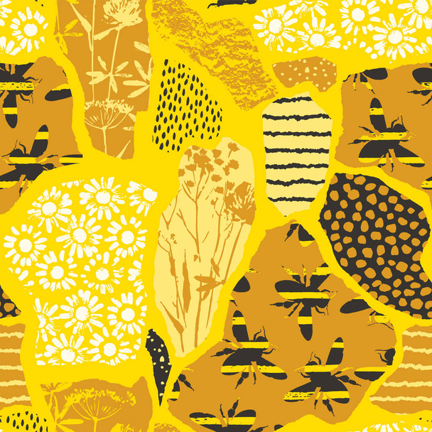 Seamless geometric pattern with bee. Modern abstract honey design. - ベクター画像