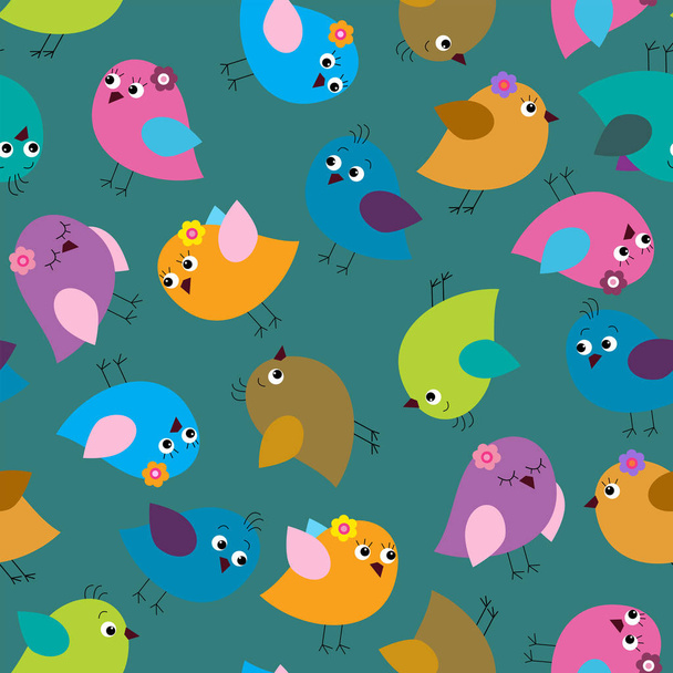 Cute seamless background with bright birds on a green background - Vektori, kuva