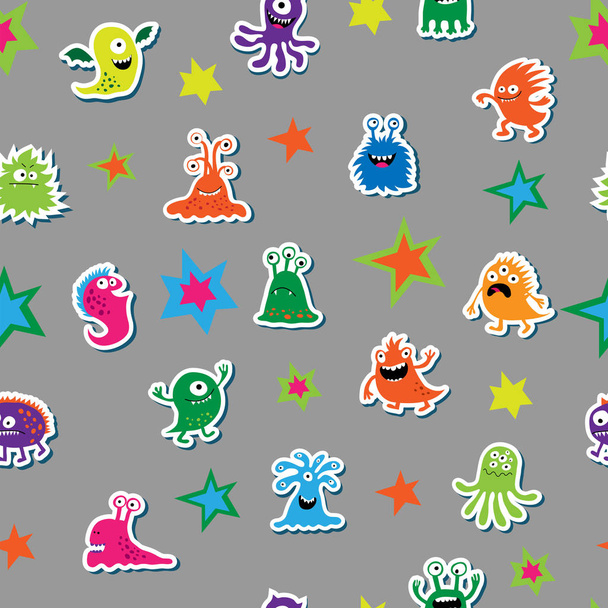 Seamless texture with cartoon monsters on a gray background - ベクター画像