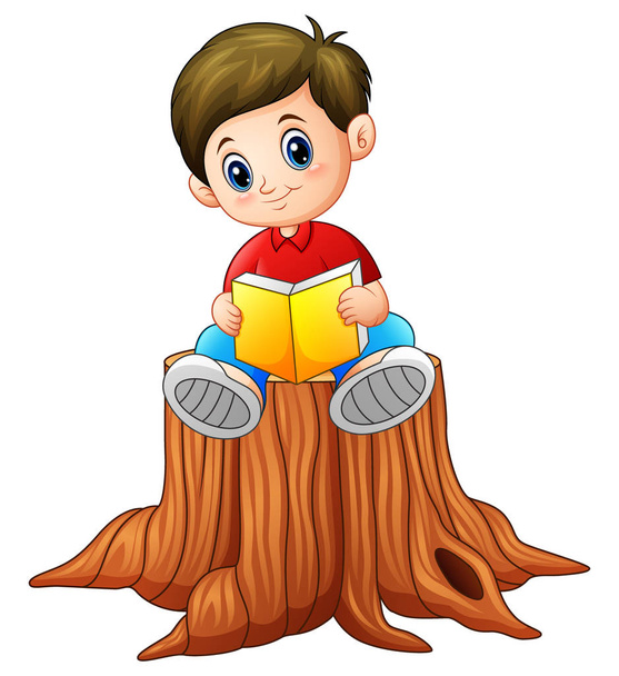 Petit garçon lisant le livre sur la souche d'arbre
 - Vecteur, image