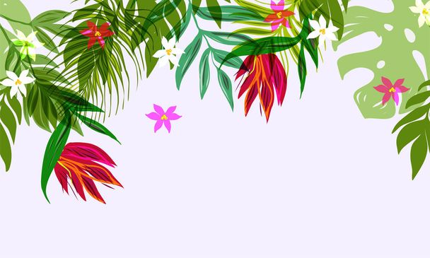 Seamless exotic pattern with tropical leaves and flowers. - Vector, imagen