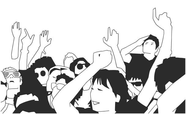 Black and white illustration of party crowd cheering at concert  - Vector, Image
