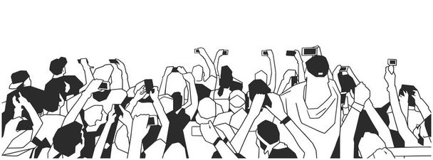Illustration de personnes enregistrant au concert avec des téléphones et des caméras en noir et blanc
 - Vecteur, image
