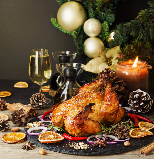 Baked turkey for Christmas or New Year space for text - Photo, Image