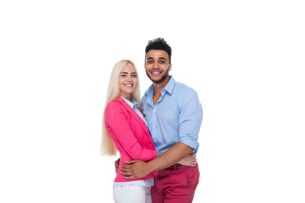 Beautiful Young Happy Couple Love Smiling Embracing, Hispanic Man Woman Smile - Фото, зображення
