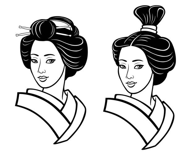Two portraits of the young Japanese girl an ancient hairstyle. Geisha, maiko, princess.   Print, poster, t-shirt, card. Vector illustration isolated on white background. - Wektor, obraz