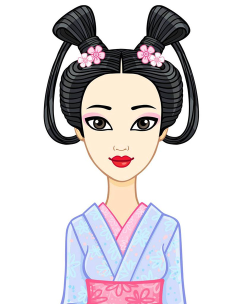 Animation portrait of the young Japanese girl with an ancient hairstyle. Geisha, Maiko, Princess.  Vector illustration isolated on a white background. - Vector, imagen