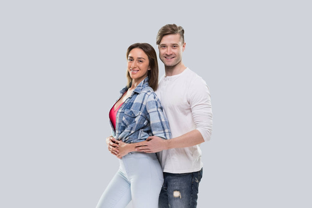 Casual Couple Embrace, Young Woman And Man Happy Smile Handsome Guy Hugging Beautiful Girl - Fotó, kép