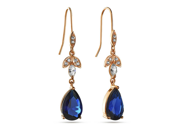 Boucles d'oreilles goutte avec cristaux bleus sur fond blanc, bijoux
 - Photo, image