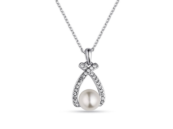 ダイヤモンドと白い背景の大きな真珠エレガントなホワイトゴールド ネックレス - 写真・画像