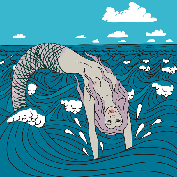 векторная иллюстрация прыжка русалки в воду
 - Вектор,изображение