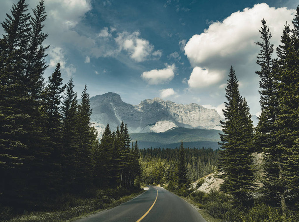 Empty street with mountain panorama in Banff National Park, Cana - Photo, Image
