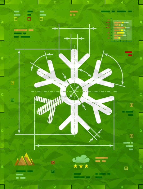 Snowflake symbol as technical blueprint drawing - Vector, Image